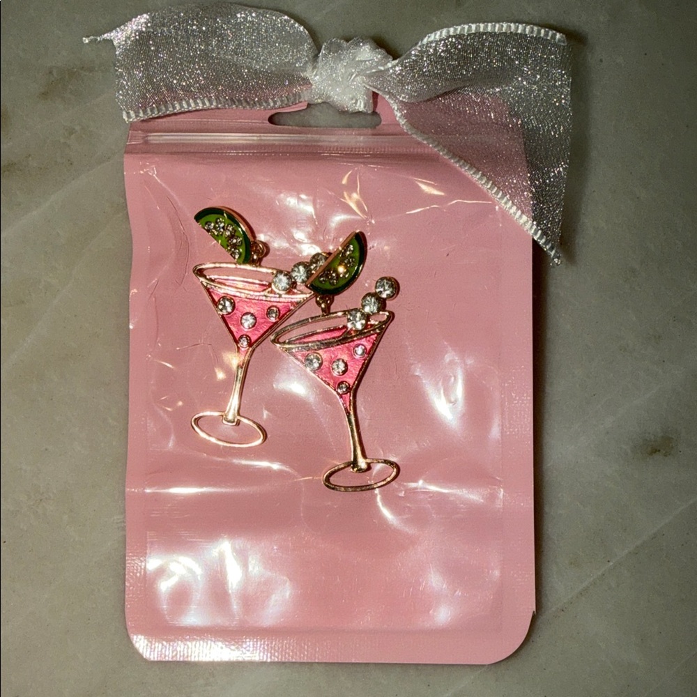 Gold-Tone Pink Martini Earrings with Green Lime Detail